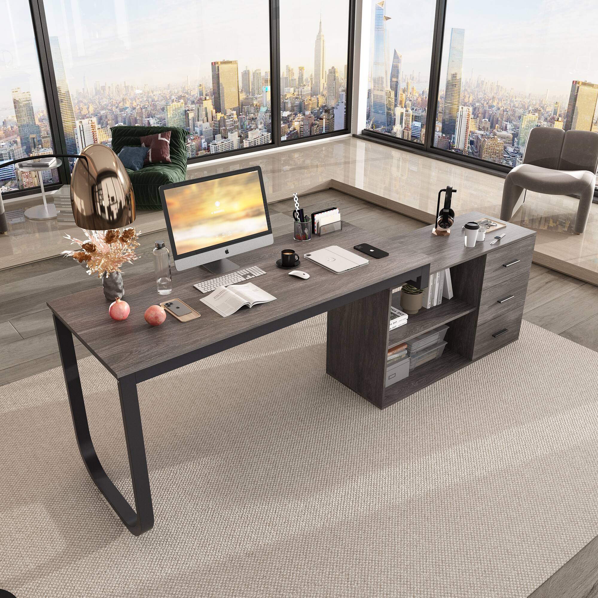 Alt View 8. FUFU & GAGA - FUFU&GAGA L - Shaped Office Desk with Storage - Modern Workstation for Home & Office - Gray.