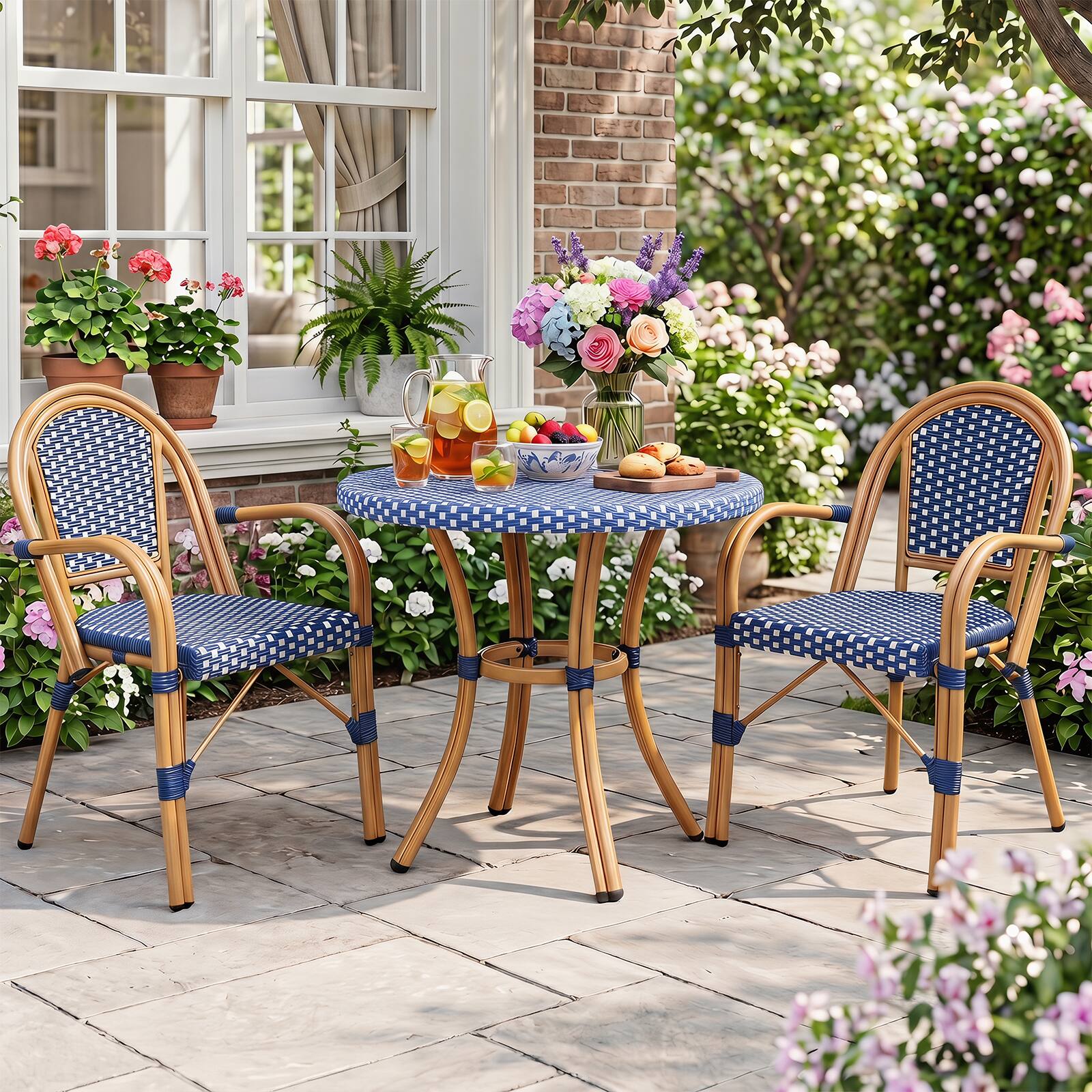 Alt View 3. Gymax - Gymax Outdoor French Bistro Chairs 4 PCS w/ Armrests Galvanized Metal Frame Blue & White - Blue, White.