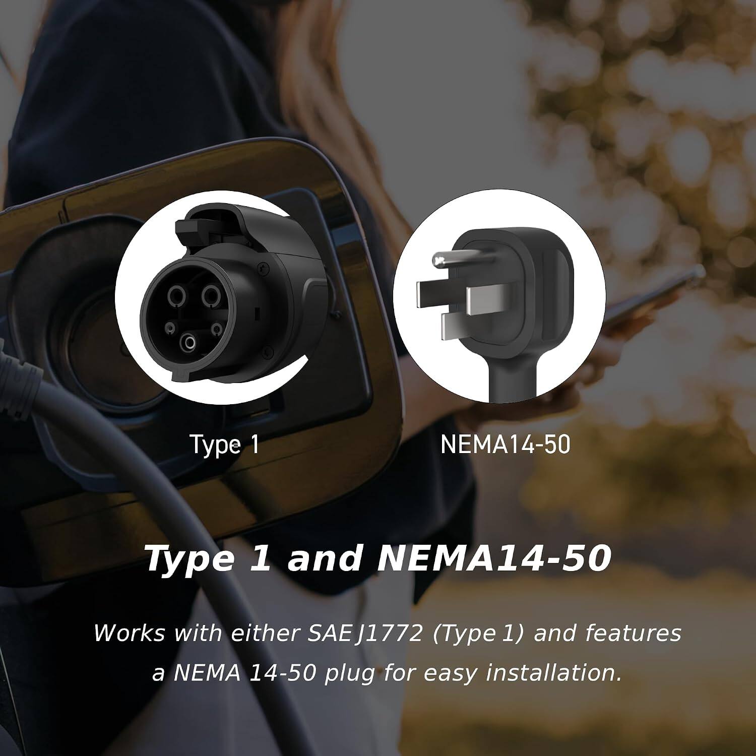 Type 1  
NEMA14-50  
Type 1 and NEMA14-50  
Works with either SAEJ1772 (Type 1) and features a NEMA 14-50 plug for easy installation.