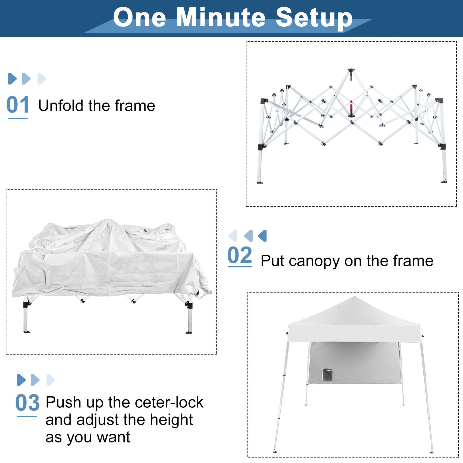 One Minute Setup

01 Unfold the frame

02 Put canopy on the frame

03 Push up the center-lock and adjust the height as you want