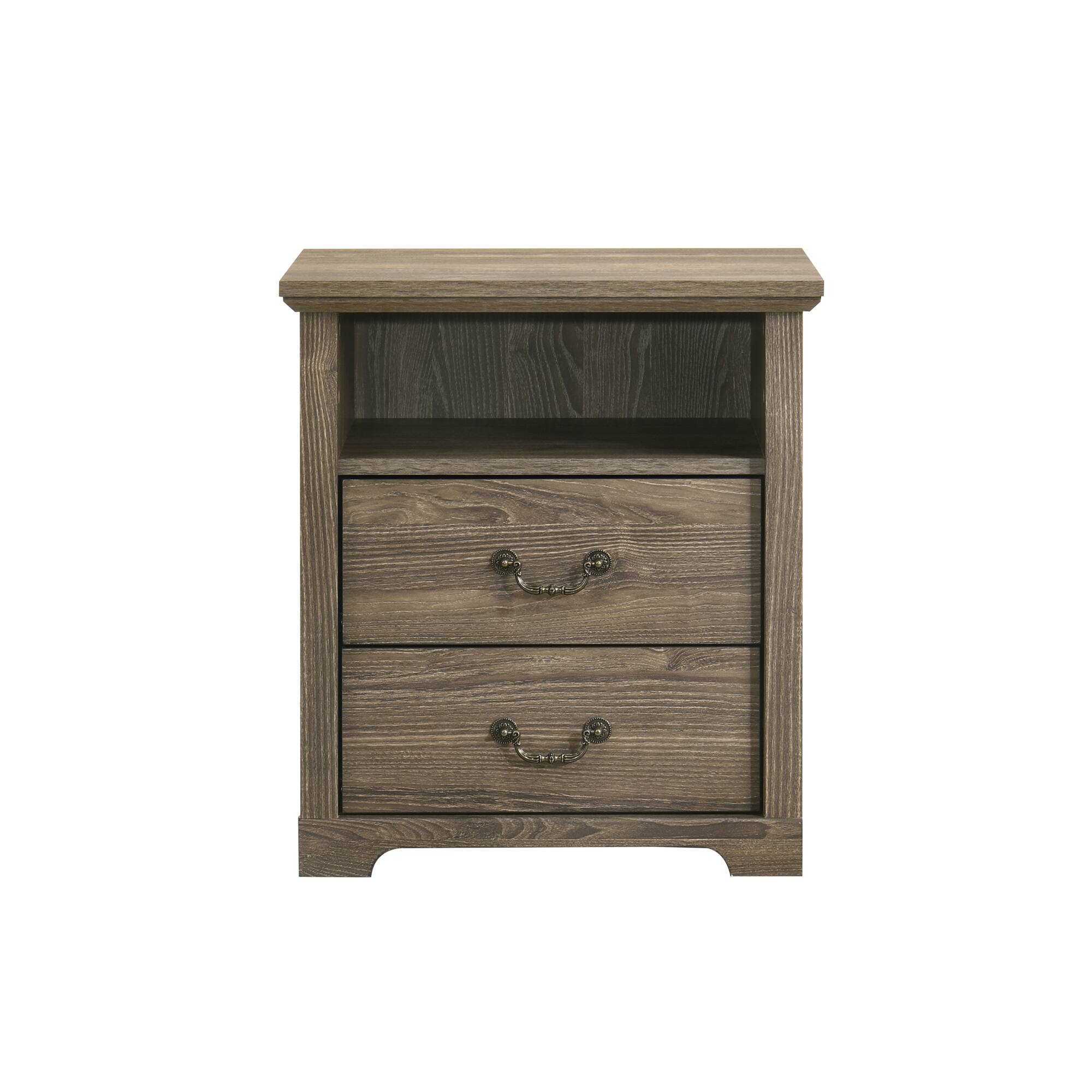 Back. Vaczon - Rustic Grey Nightstand Bedside Table with Open Shelf and 2 Drawers - Grey.