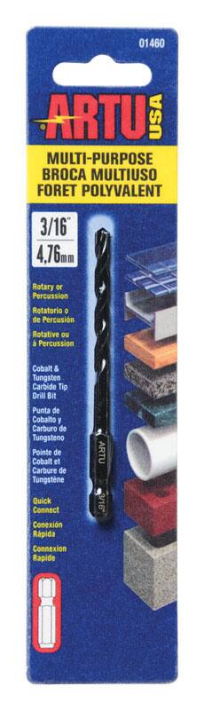 01460 ARTU USA MULTI-PURPOSE BROCA MULTIUSO FORET POLYVALENT 3/16 4,76mm Rotary or Percussion Rotatorio o de Percusión Rotative ou à Percussion Cobalt & Tungsten Carbide Tip Drill Bit Punta de Cobalto y Carburo de Tungsteno Pointe de Cobalt et Carbure de Tungstène Quick Connect Conexión Rápida Connexion Rapide ARTU 3/16"