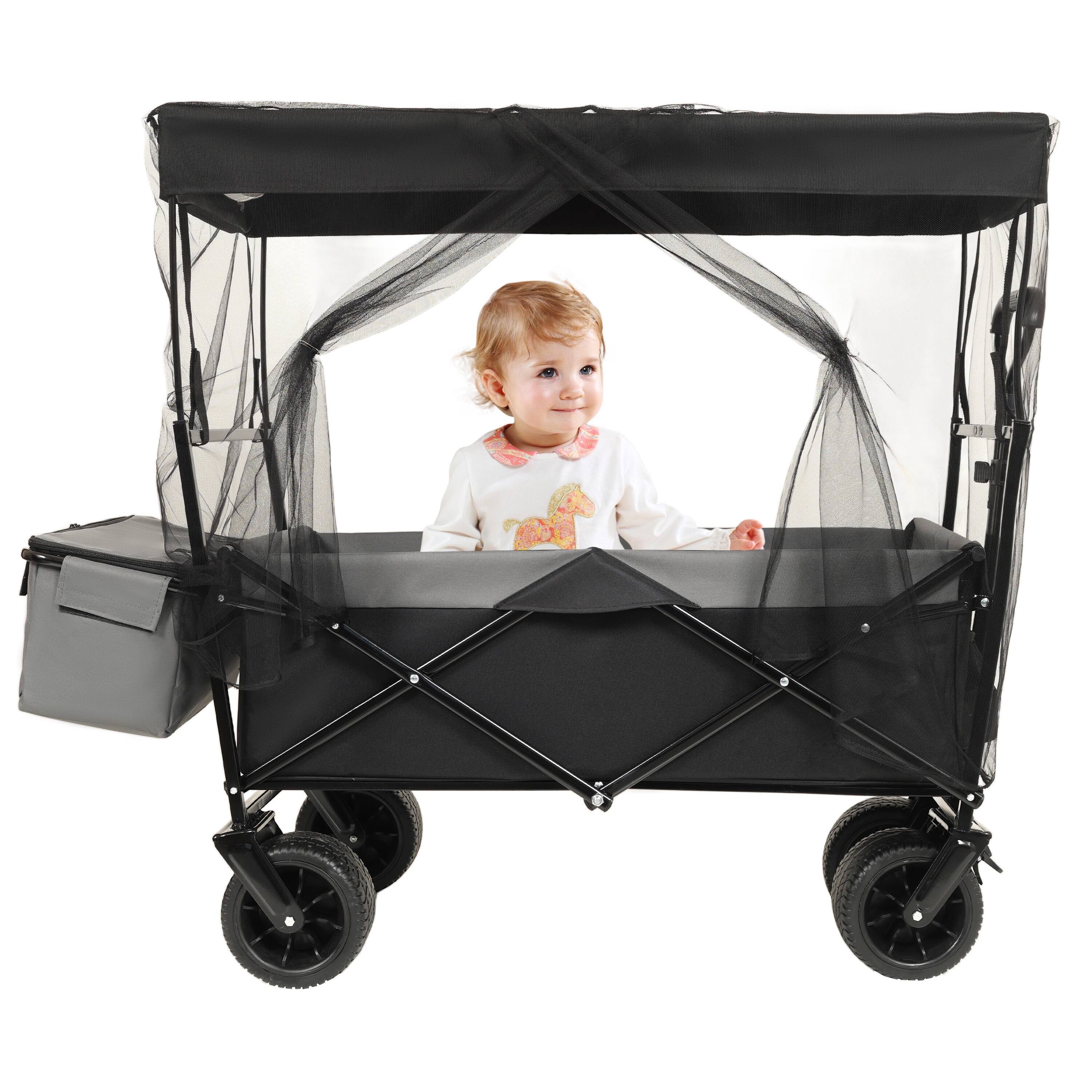 Alt View 4. Mondawe - 480lbs Collapsible Wagon Utility Carts w/ Mosquito Net, Ice Pack, Removable Canopy - Black.