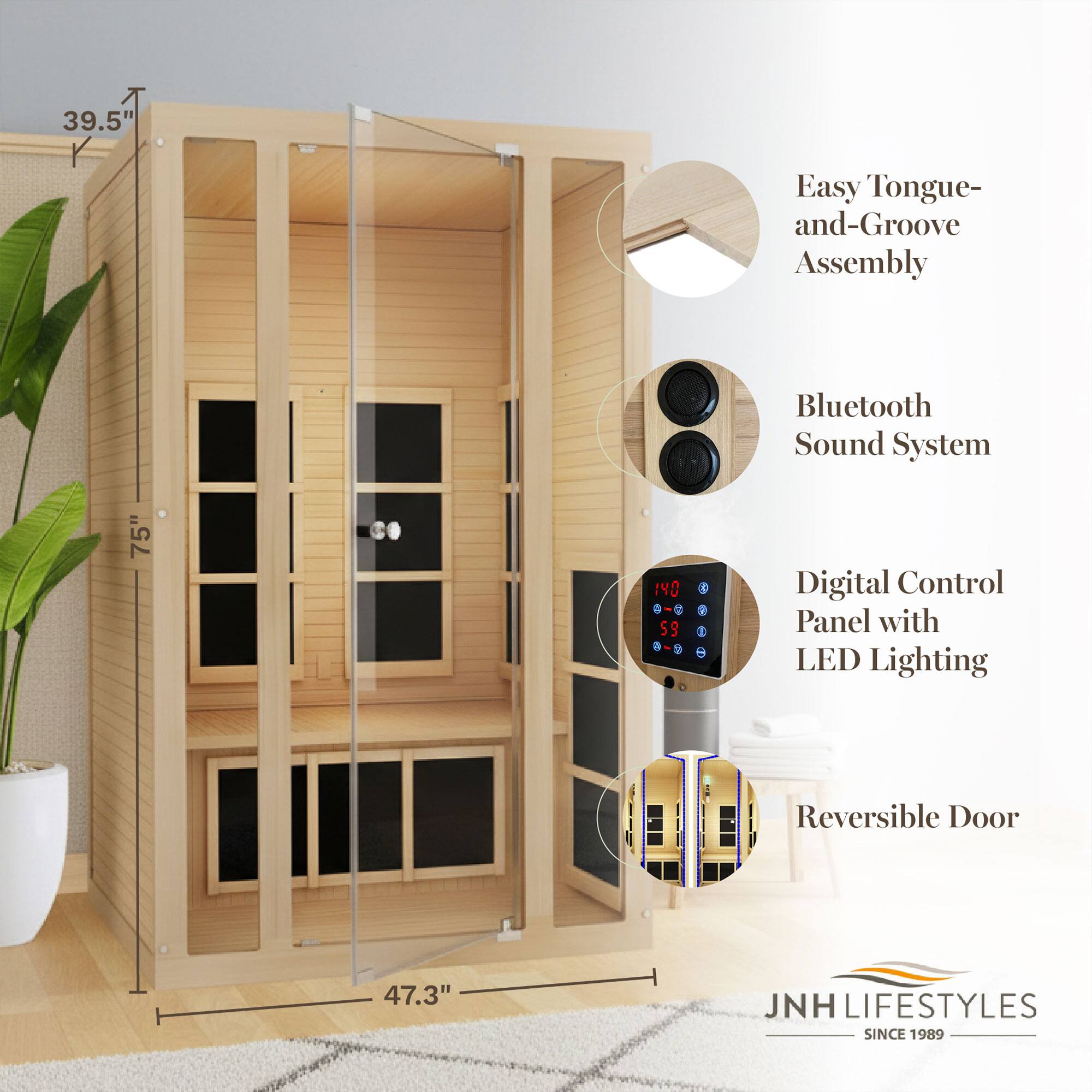 39.5" Easy Tongue-and-Groove Assembly Bluetooth Sound System 75" 140" $9 + - 1 . Digital Control Panel with LED Lighting Reversible Door 47.3" JNH LIFESTYLES SINCE 1989