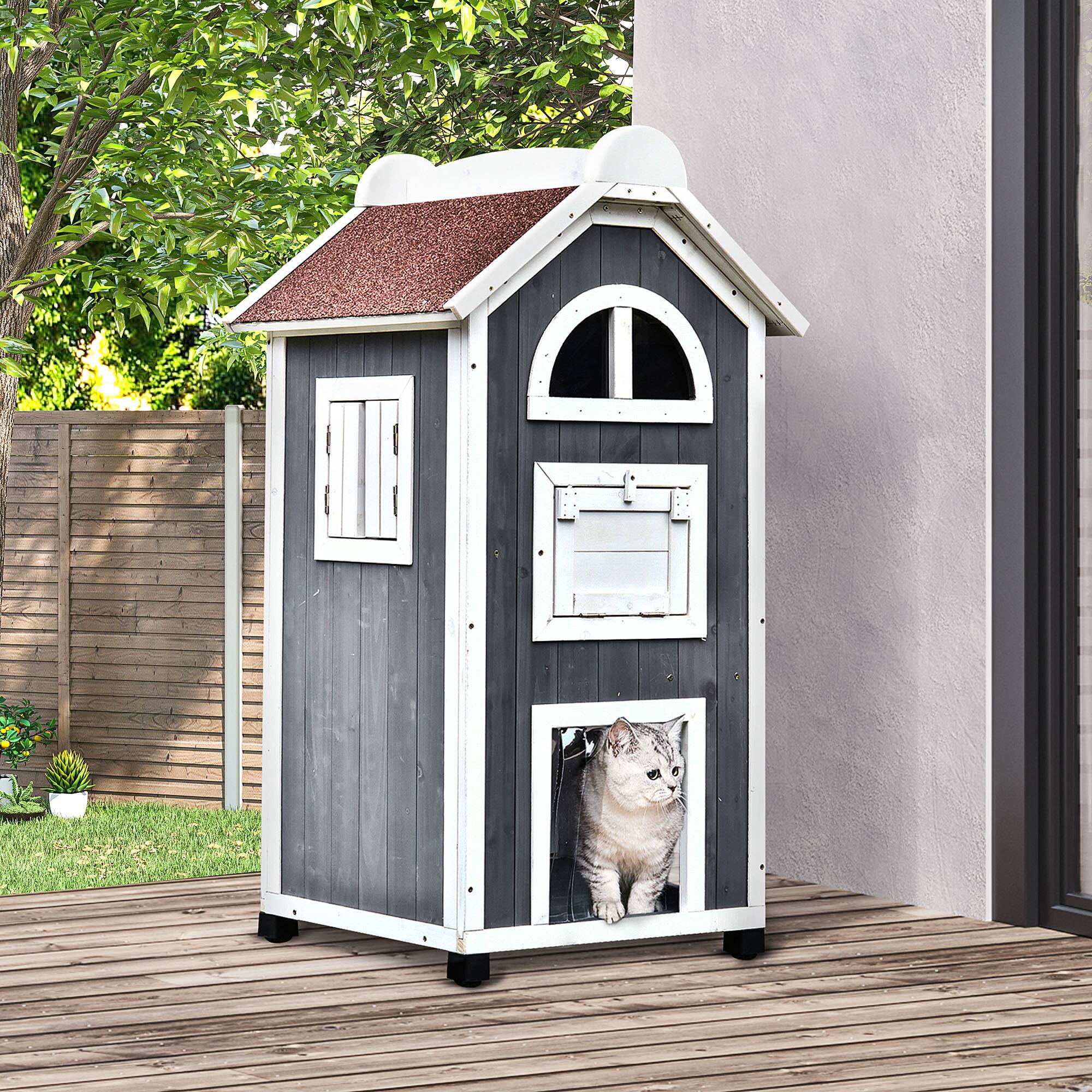 Angle. Pawhut - 43"H Wooden Outdoor Cat House with Hammock, Weatherproof 3-Floor Feral Shelter, Escape Doors, Asphalt Roof.