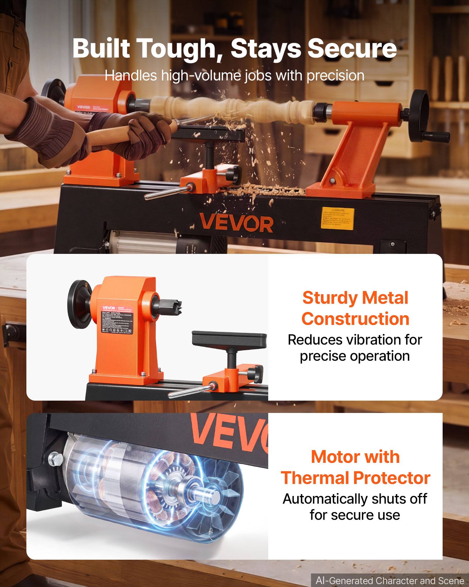 Built Tough, Stays Secure  
Handles high-volume jobs with precision  

Sturdy Metal Construction  
Reduces vibration for precise operation  

Motor with Thermal Protector  
Automatically shuts off for secure use  

AI-Generated Character and Scene