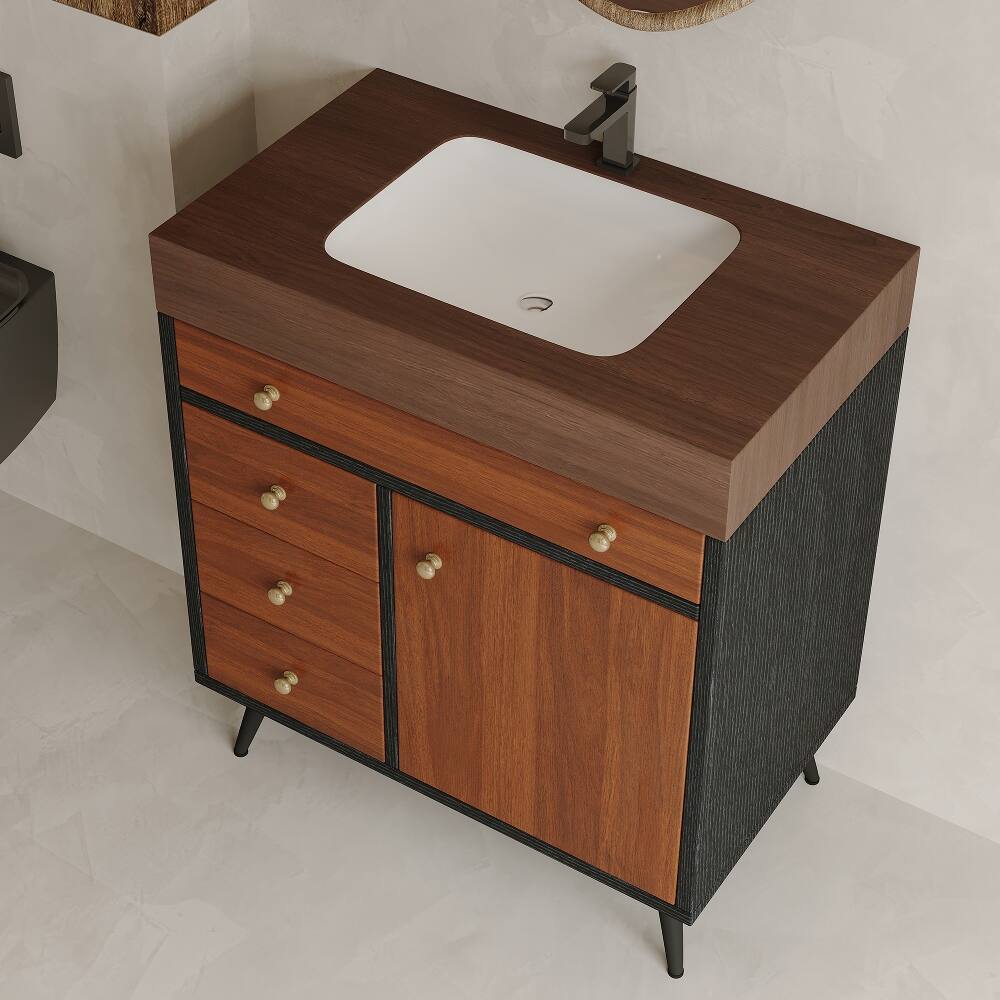 Alt View 2. Loheer - Loheer 30 inch bathroom vanity with sink Walnut Mid-Century Modern Freestanding Cabinet - Walnut.