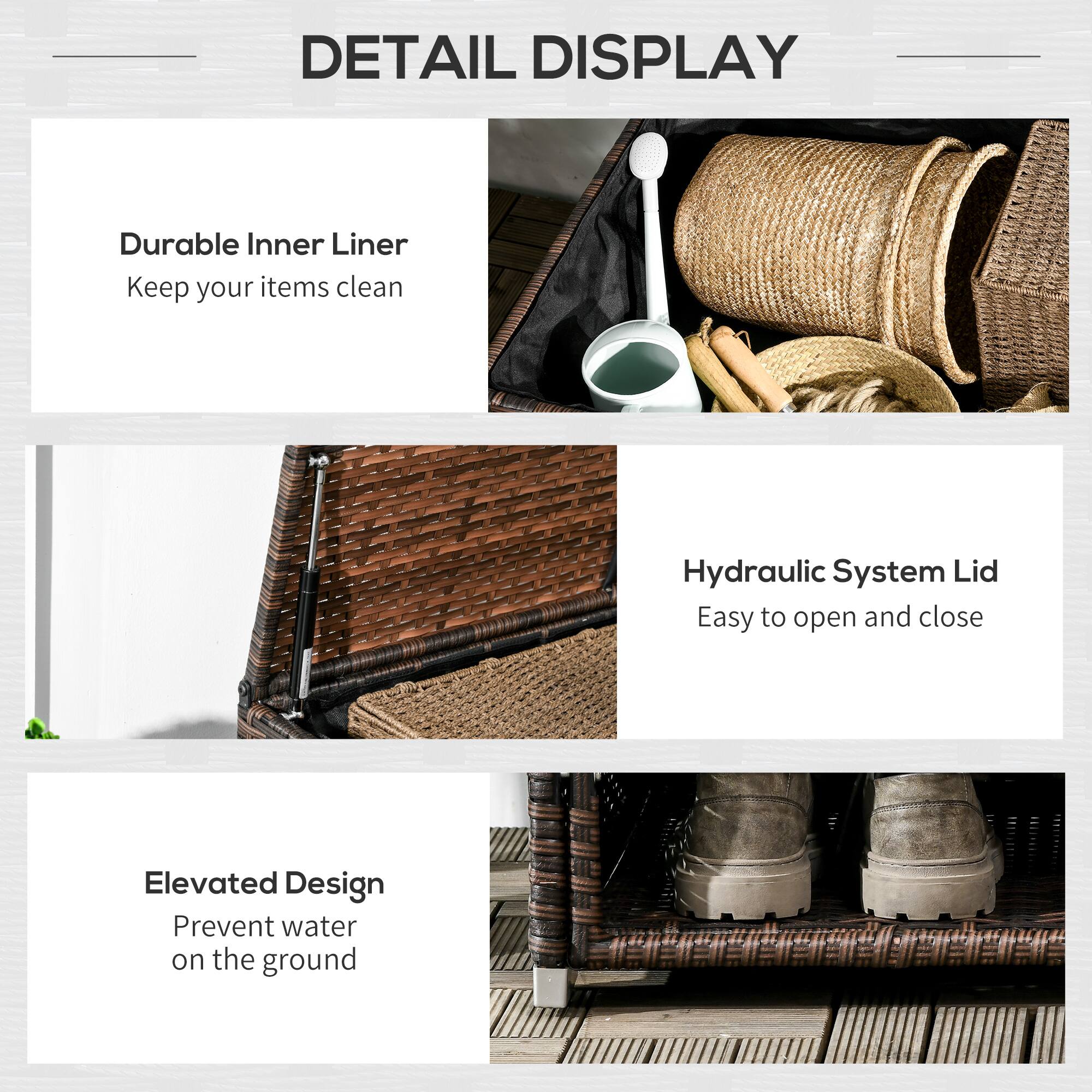 DETAIL DISPLAY

- Durable Inner Liner  
  Keep your items clean

- Hydraulic System Lid  
  Easy to open and close

- Elevated Design  
  Prevent water on the ground