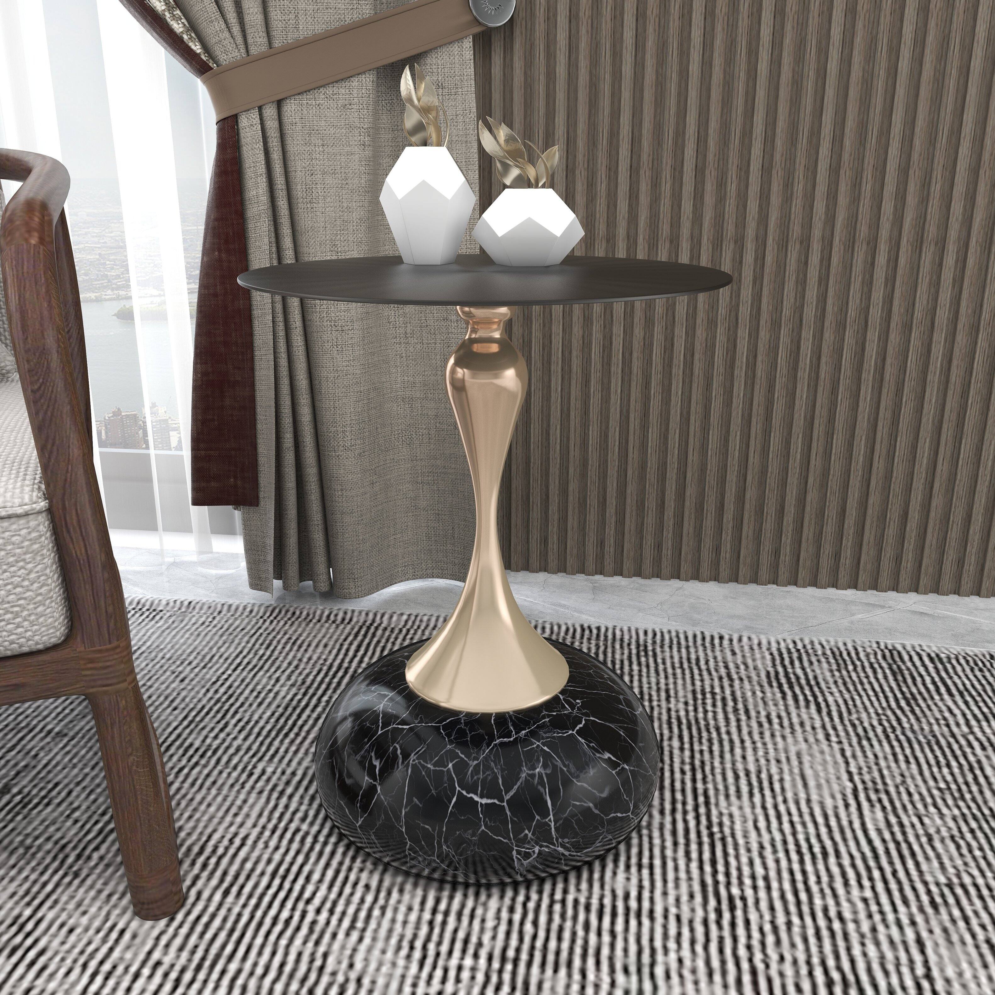 Angle. LeisureMod - Savoy Black Circular Top End Table with Powder Coated Finish for Living Room/Offices - Stone Black.