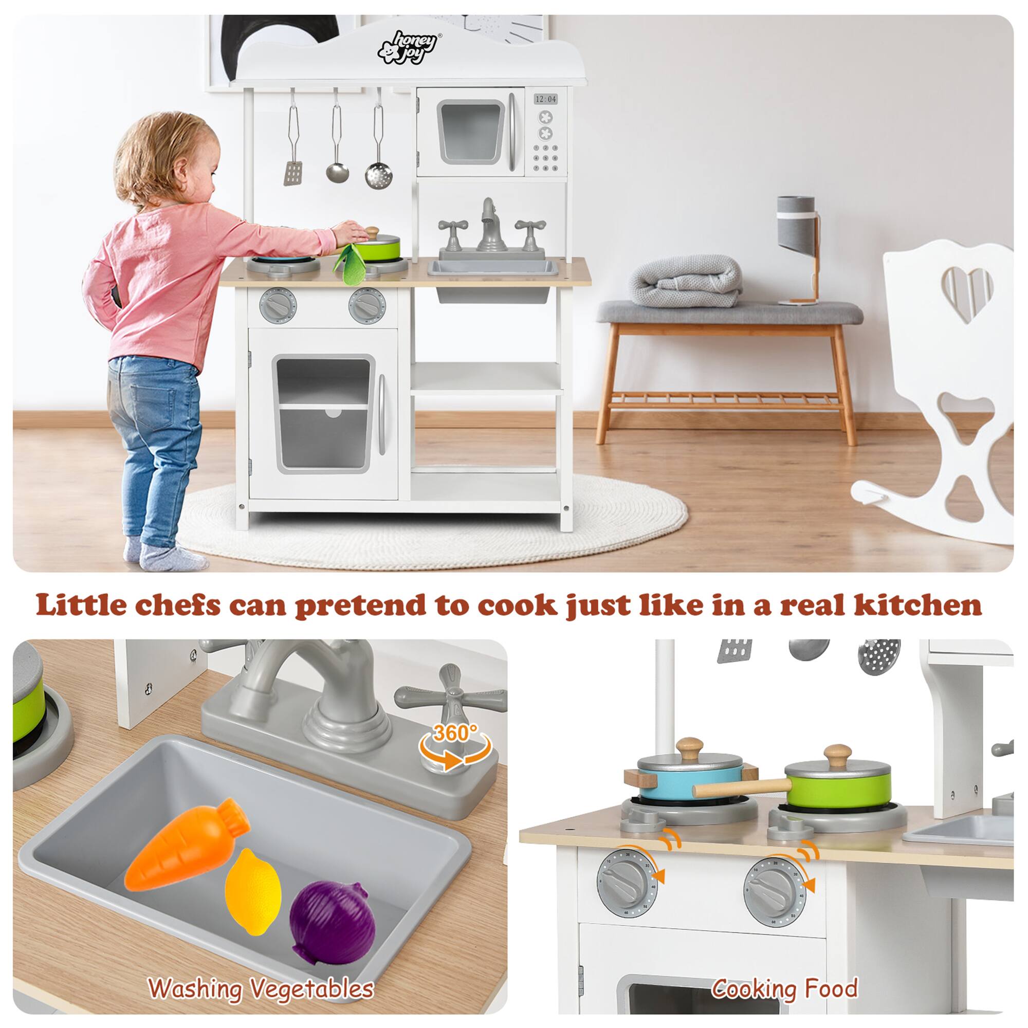 Little chefs can pretend to cook just like in a real kitchen

Washing Vegetables

Cooking Food