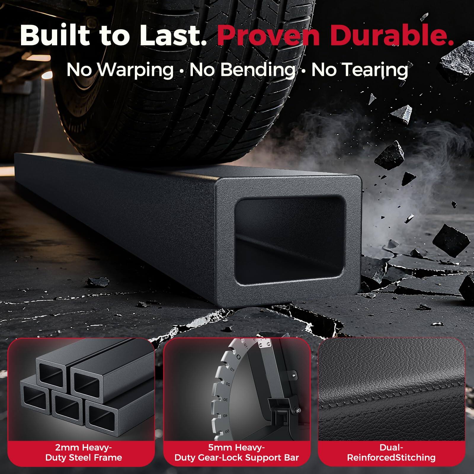 Built to Last. Proven Durable.  
No Warping. No Bending. No Tearing.  

2mm Heavy-Duty Steel Frame  
5mm Heavy-Duty Gear-Lock Support Bar  
Dual-Reinforced Stitching