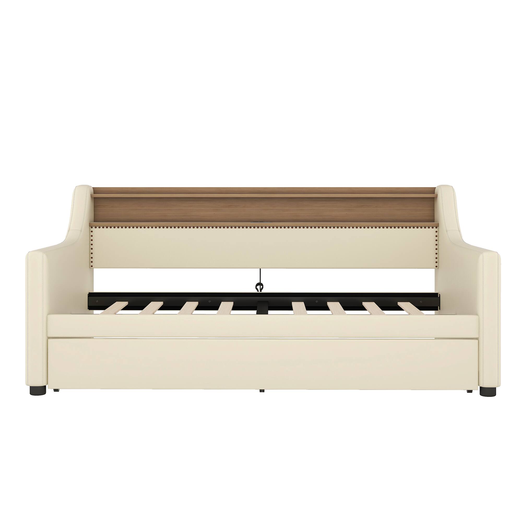 Angle. PexFix - Twin Daybed with Trundle, LED Lights & Charging Station, Upholstered Bed for Guest Room - Beige.