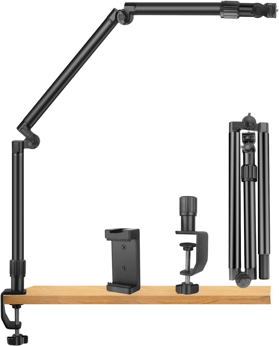 Schertz - 37" Overhead Camera Mount Desk Stand – 3-Section 360° Adjustable Arm with Phone Holder for DSLR, Ring Light & Webcam