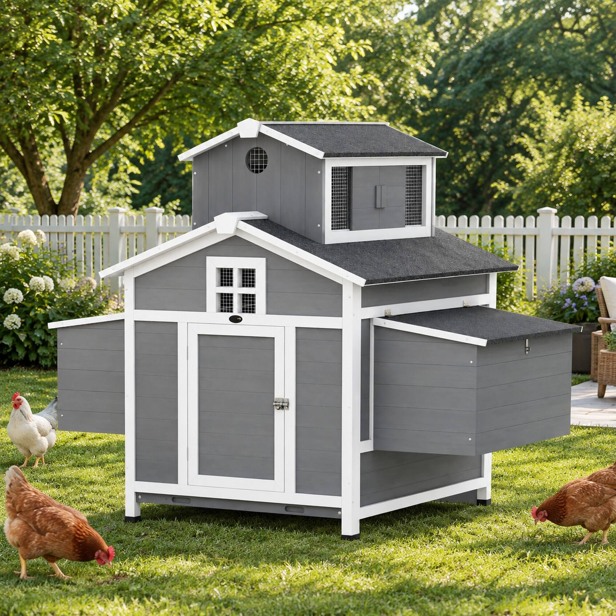 Alt View 2. RYHNUYNE - Wooden Chicken Coop for 2 Hens, Fir Wood, Wire Mesh, 53.1 in L x 37 in W x 43.9 in H, Gray and White.