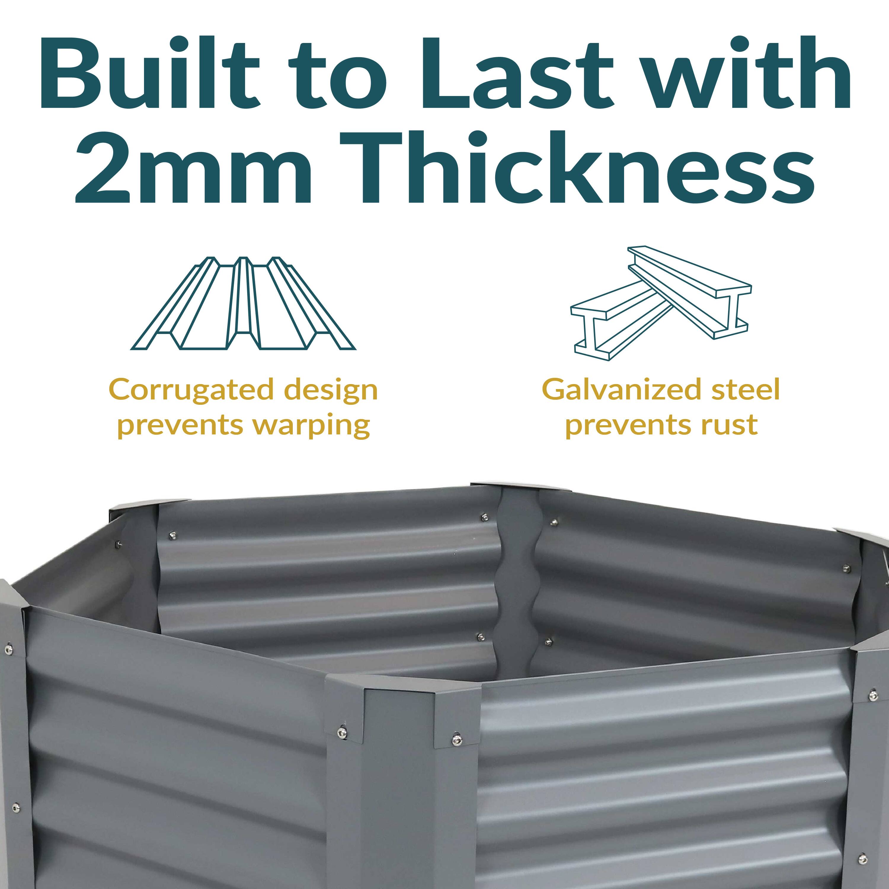 Built to Last with 2mm Thickness

- Corrugated design prevents warping
- Galvanized steel prevents rust