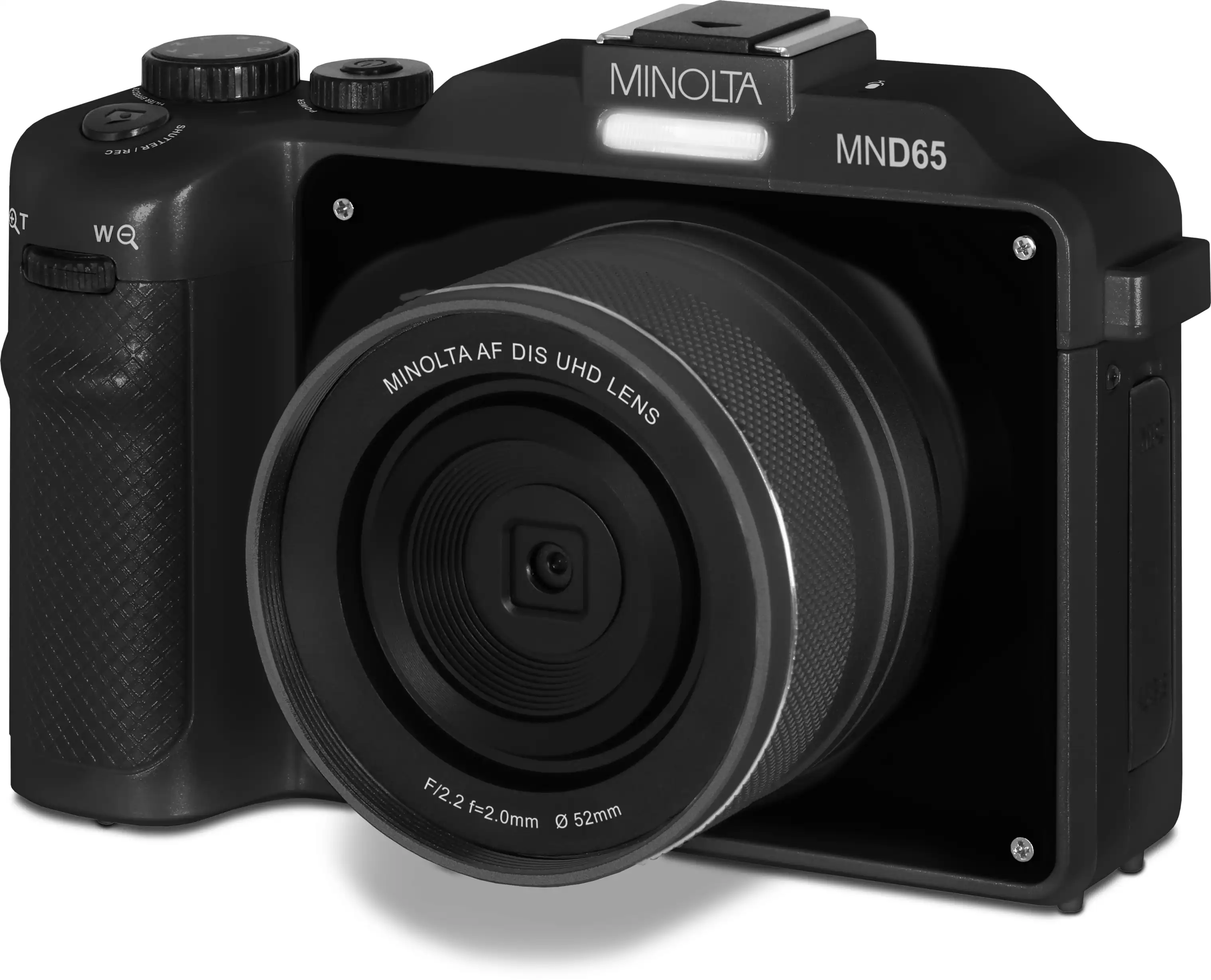 The text on the image reads "Minolta MND65 AF DIS MINOLTAA UHD LENS F/2.2f=2.0mm F/2.2 f=2.0mm 52mm."