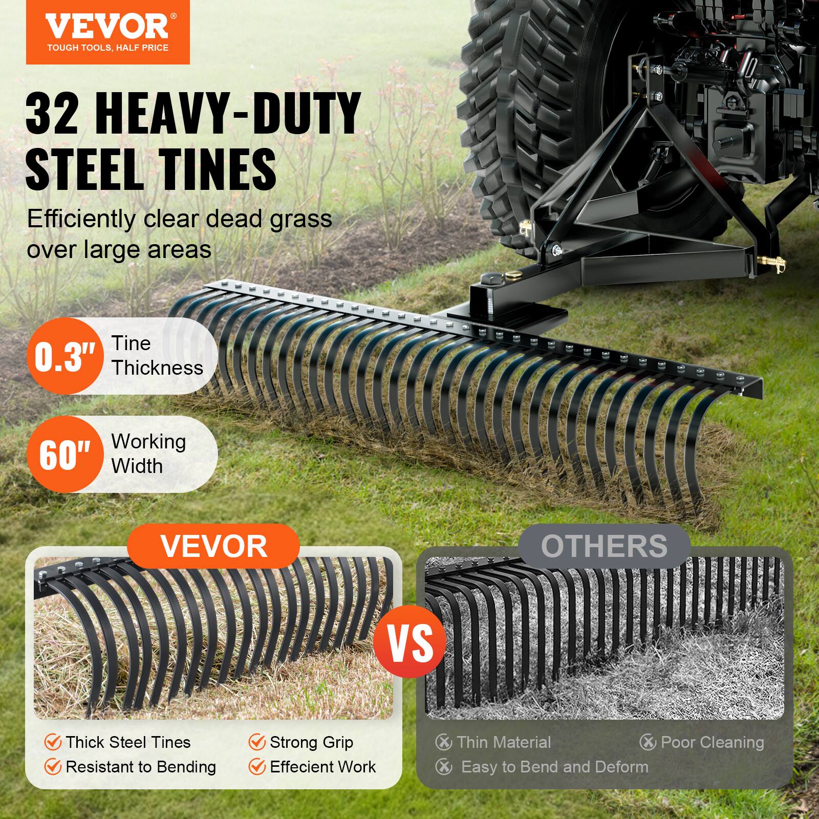 VEVOR TOUGH TOOLS. HALF PRICE 32 HEAVY-DUTY STEEL TINES Efficiently clear dead grass over large areas Tine 0.3" Thickness Working 60" Width VEVOR OTHERS VS Thick Steel Tines Resistant to Bending Strong Grip Effecient Work X Thin Material X Poor Cleaning X Easy to Bend and Deform