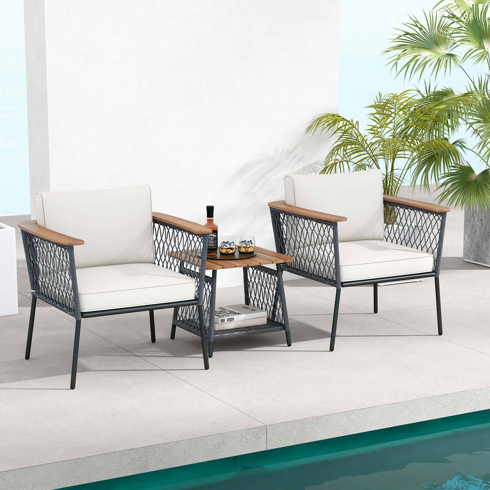 Alt View 1. Costway - 3 PCS Patio Furniture Set with 2-Tier Coffee Table Acacia Wood Armrests Tabletop - Gray,Off White.