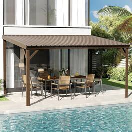Mondawe - 10x14FT Lean to Gazebo Hardtop,Expandable Wall Mounted Pergola,Gutters & Galvanized Steel Roof - Brown