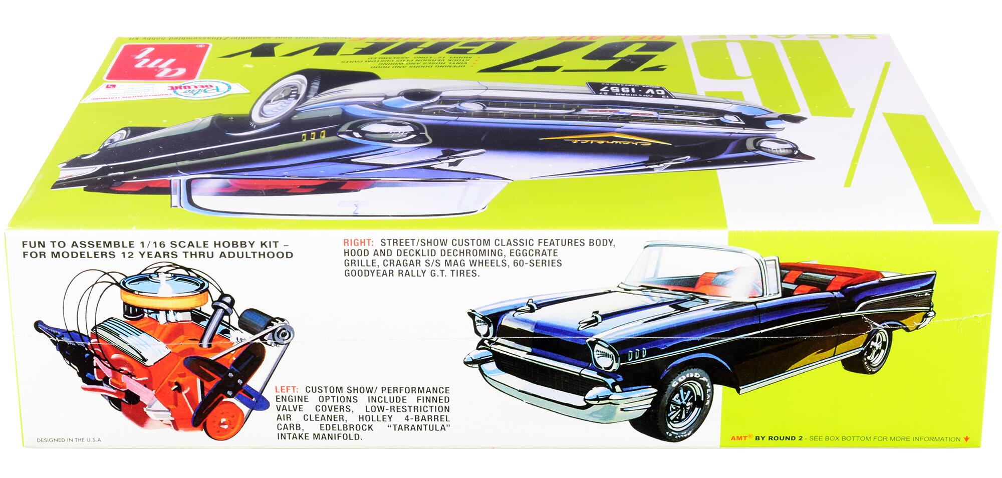 Sure, here is the corrected and grouped text from the image:

---

**Top Left:**
- FUN TO ASSEMBLE 1/16 SCALE HOBBY KIT
- FOR MODELERS 12 YEARS THRU ADULTHOOD

**Top Right:**
- RIGHT: STREET/SHOW CUSTOM CLASSIC FEATURES BODY, HOOD AND DECKLID DECHROMING, EGGCRATE GRILLE, CRAGAR S/S MAG WHEELS, 60-SERIES GOODYEAR RALLY G.T. TIRES.

**Bottom Left:**
- LEFT: CUSTOM SHOW/PERFORMANCE ENGINE OPTIONS INCLUDE FINNED VALVE COVERS, LOW-RESTRICTION AIR CLEANER, HOLLEY 4-BARREL CARB, EDELBROCK "TARANTULA" INTAKE MANIFOLD.

**Bottom Center:**
- DESIGNED IN THE U.S.A

**Bottom Right:**
- ASK BY ROUND 2 SEE BOX BOTTOM FOR MORE INFORMATION

---

This text is organized to reflect the layout and content of the image.
