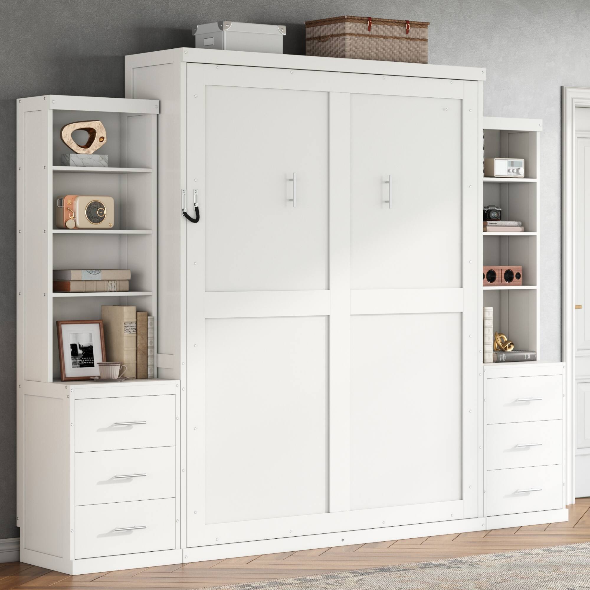 Left. Whisen - Queen Size Murphy Bed with Dual-Side Storage Shelves and Drawers, Space-Saving Foldable Bed - White.