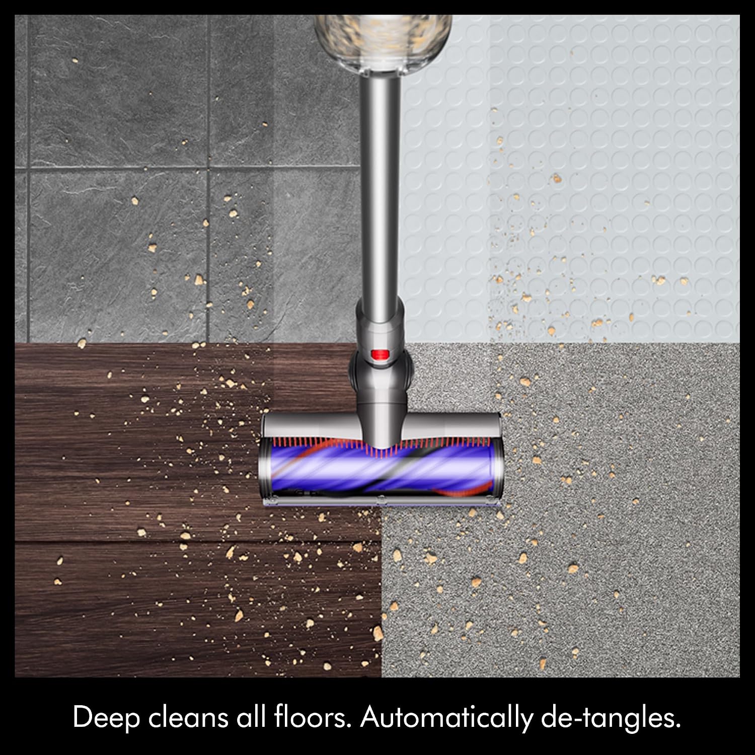Deep cleans all floors. Automatically de-tangles.