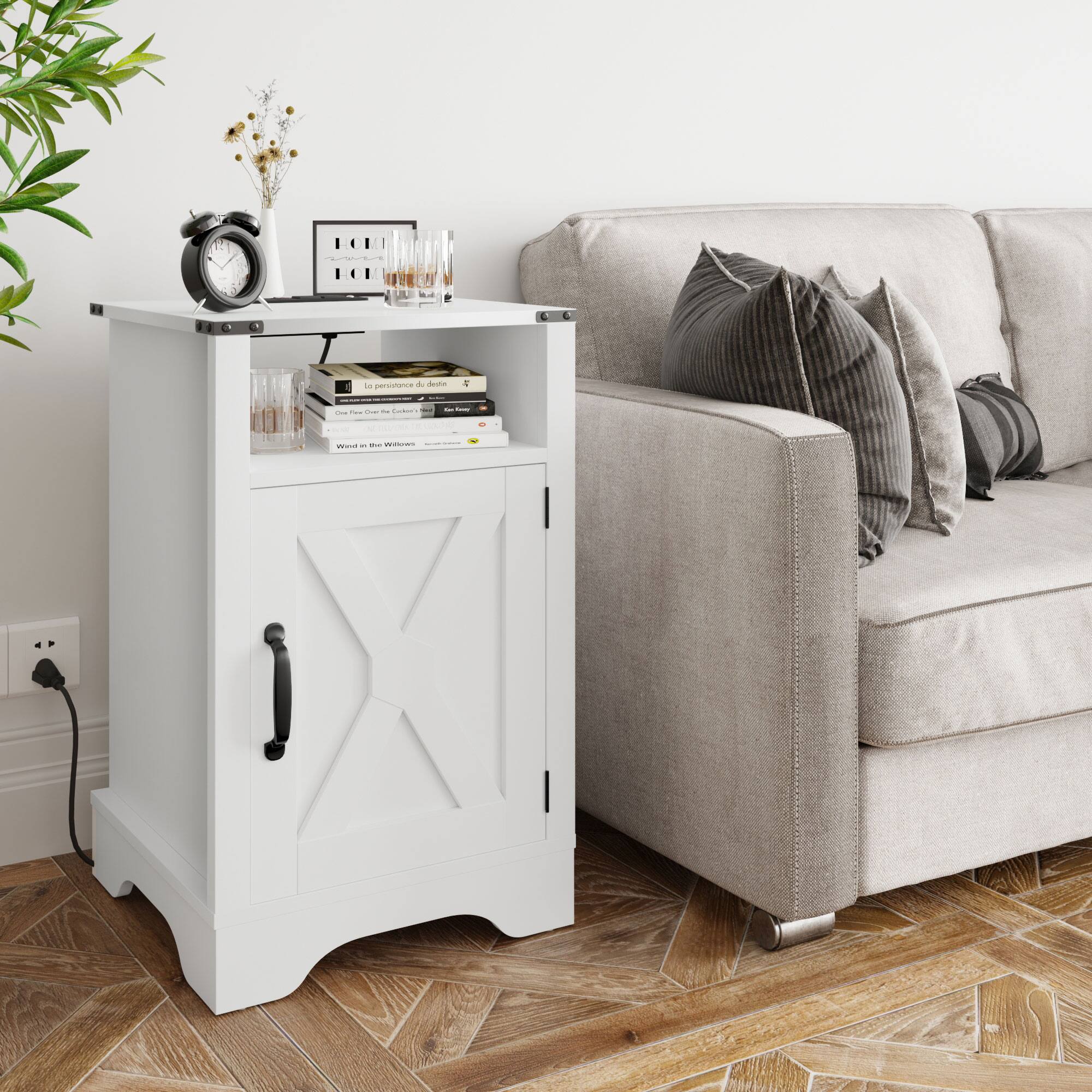 Alt View 5. RoyalCraft - RoyalCraft Farmhouse Nightstand, Bedroom Table with Charging Station, White - White.