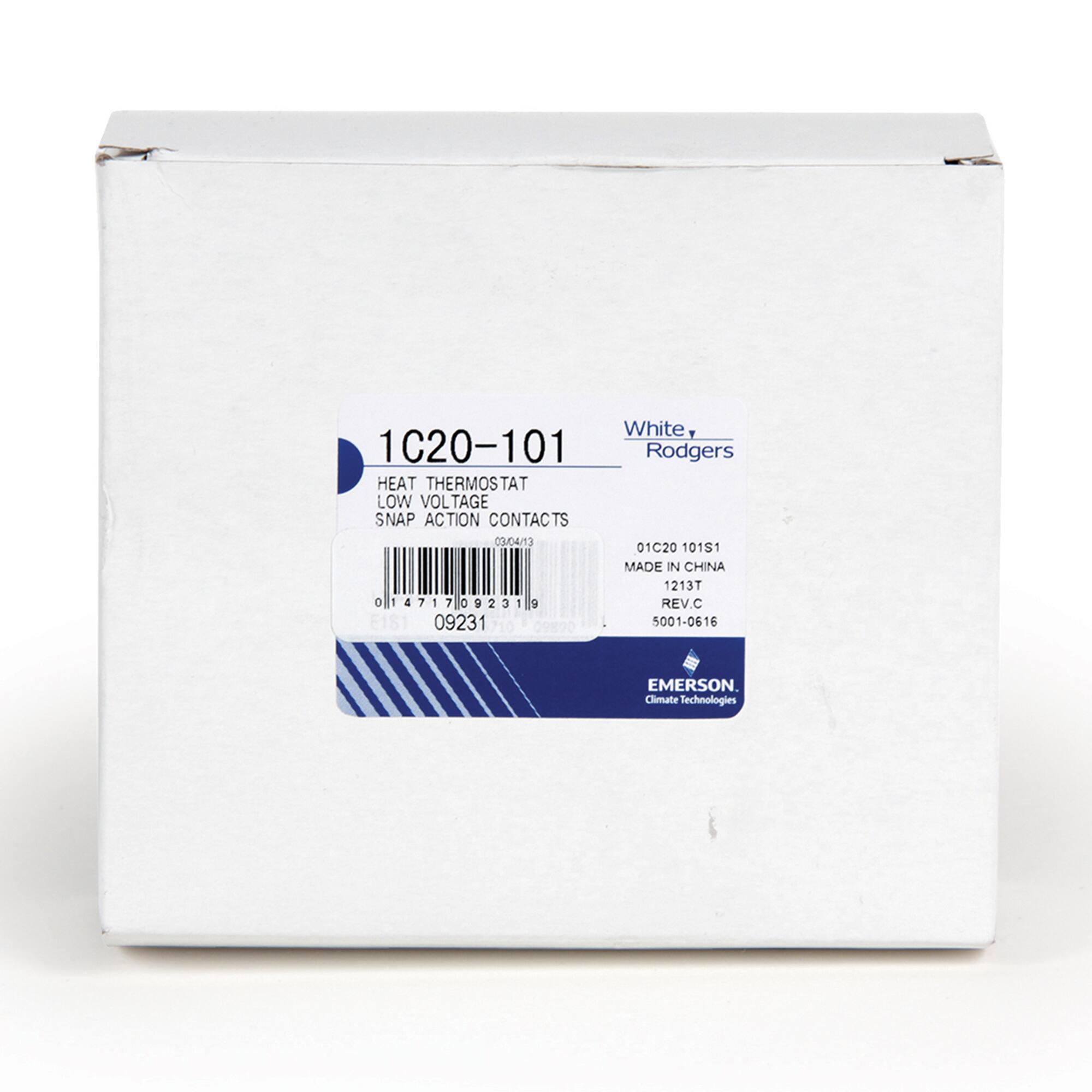 White Rodgers  
1C20-101  
HEAT THERMOSTAT  
LOW VOLTAGE SNAP ACTION CONTACTS  
030413  
01C20 10151  
MADE IN CHINA  
1213T  
O 1 4717 7 09231 9  
REV.C  
09231  
5001-0616  
EMERSON Climate Technologies