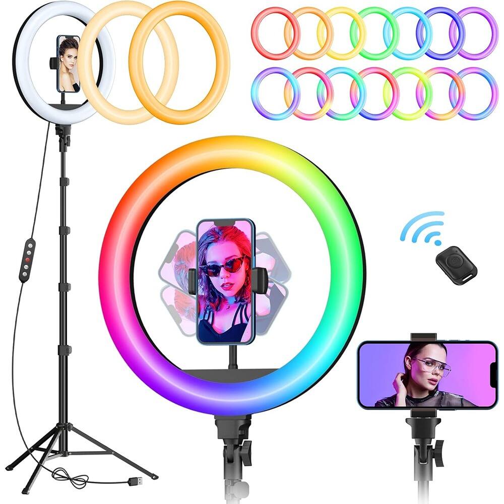 Front. PARKER SLATER - 12" RGB ring light with 63" tripod, 3 CCT modes, 39 colors, 2-in-1 selfie LED with remote for makeup and live streaming..