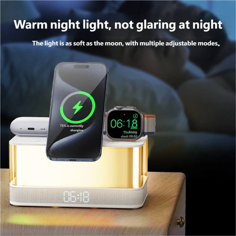 Warm night light, not glaring at night  
The light is as soft as the moon, with multiple adjustable modes.  

75% is currently charging  
06:18  

20th Thu Alakay  
clock 09:30  
06:18