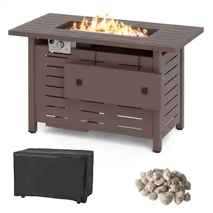 Front. SlickBlue - 40 Inch Rectangular Propane Gas Fire Table for Outdoor Patio with Lava Rocks - Brown.