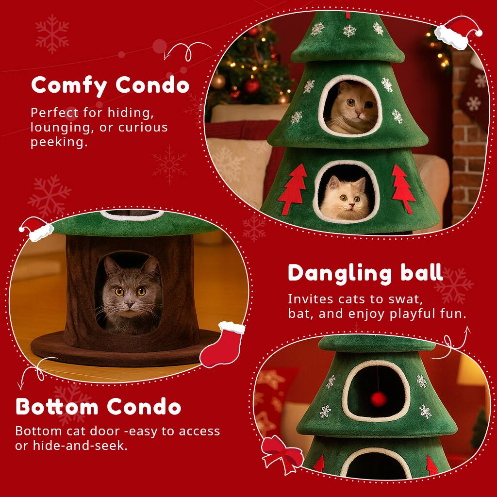 Comfy Condo  
Perfect for hiding, lounging, or curious peeking.

Dangling ball  
Invites cats to swat, bat, and enjoy playful fun.

Bottom Condo  
Bottom cat door - easy to access or hide-and-seek.
