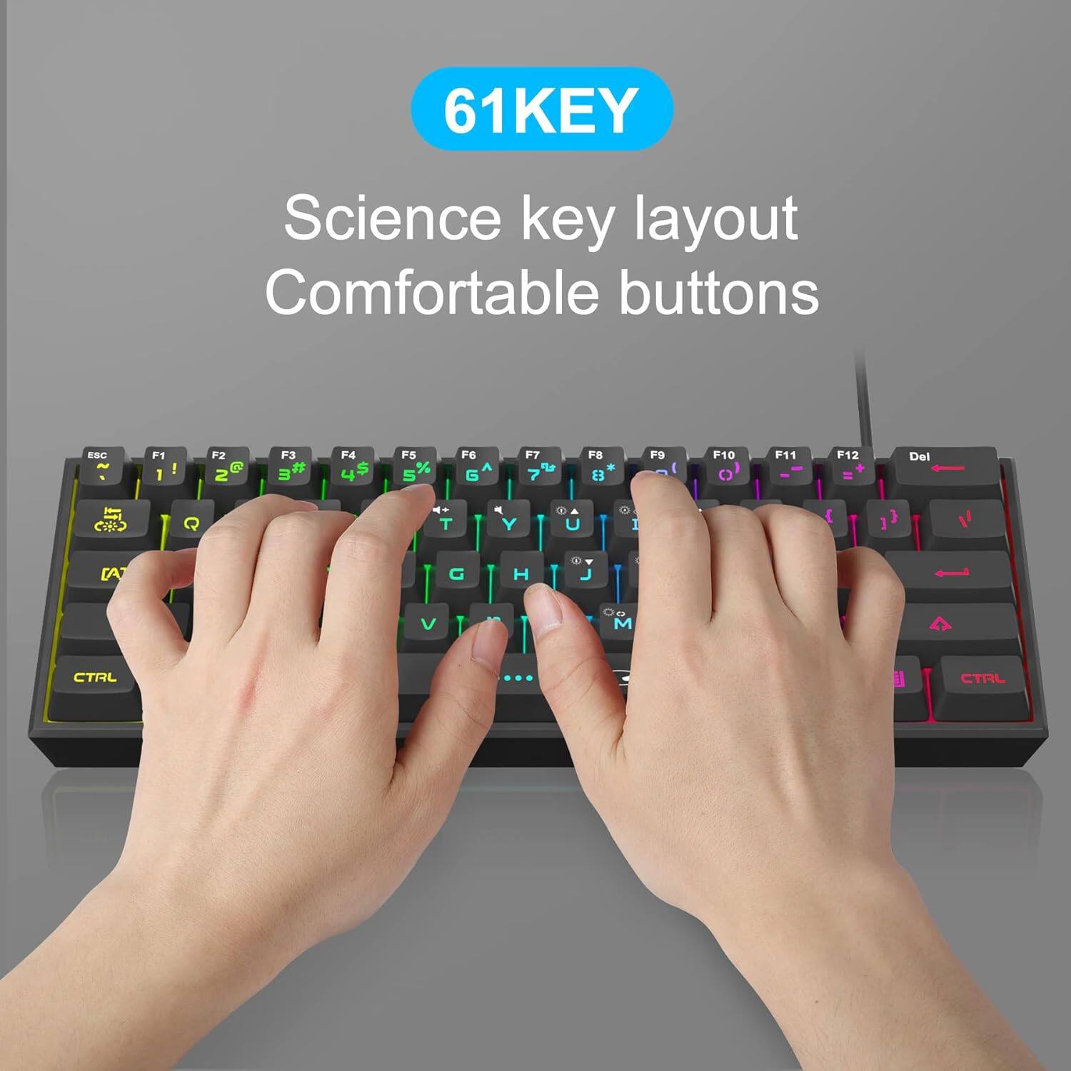 61KEY  
Science key layout Comfortable buttons  
ESC  
F1 1  
F2 @ 2  
F3 # 3  
F4 $ 4  
F5 % 5  
F6 6  
F7 7  
F8 * 8  
F9 9  
F10 0  
F11 -  
F12 =  
Del  
f  ()  
T  
Y  
U  
I  
[A]  
O  
P  
[ ]  
CTRL  
...  
CTRL
