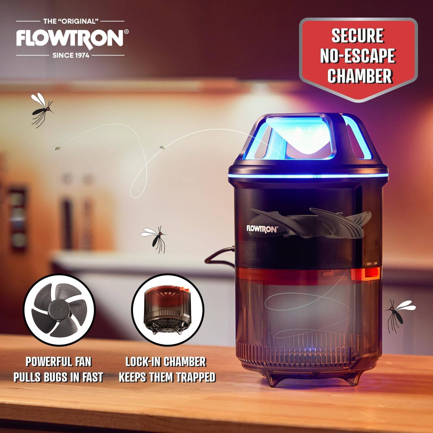 THE "ORIGINAL" FLOWTRON SINCE 1974

SECURE NO-ESCAPE CHAMBER

POWERFUL FAN PULLS BUGS IN FAST

LOCK-IN CHAMBER KEEPS THEM TRAPPED
