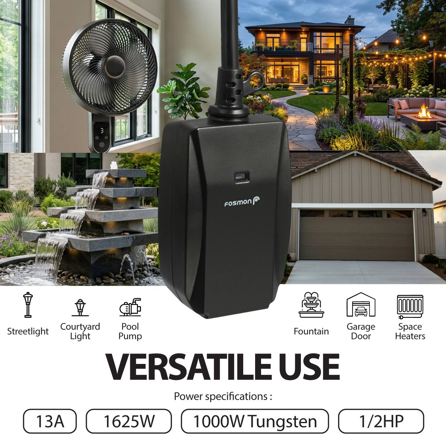 3 FoSMON 000000 Courtyard Pool Garage Space Streetlight Fountain Light Pump Door Heaters VERSATILE USE

Power specifications: 13A 1625W 1000W Tungsten 1/2HP