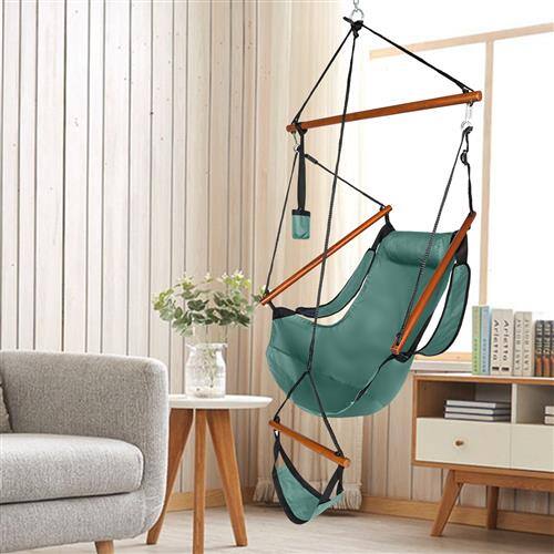 Alt View 8. Winado - 5FT Hammock Hanging Sky Chair, Air Deluxe Swing Seat with Cup Holder, Wooden Stick, Chain for Indoor Outdoor Garden - Green.
