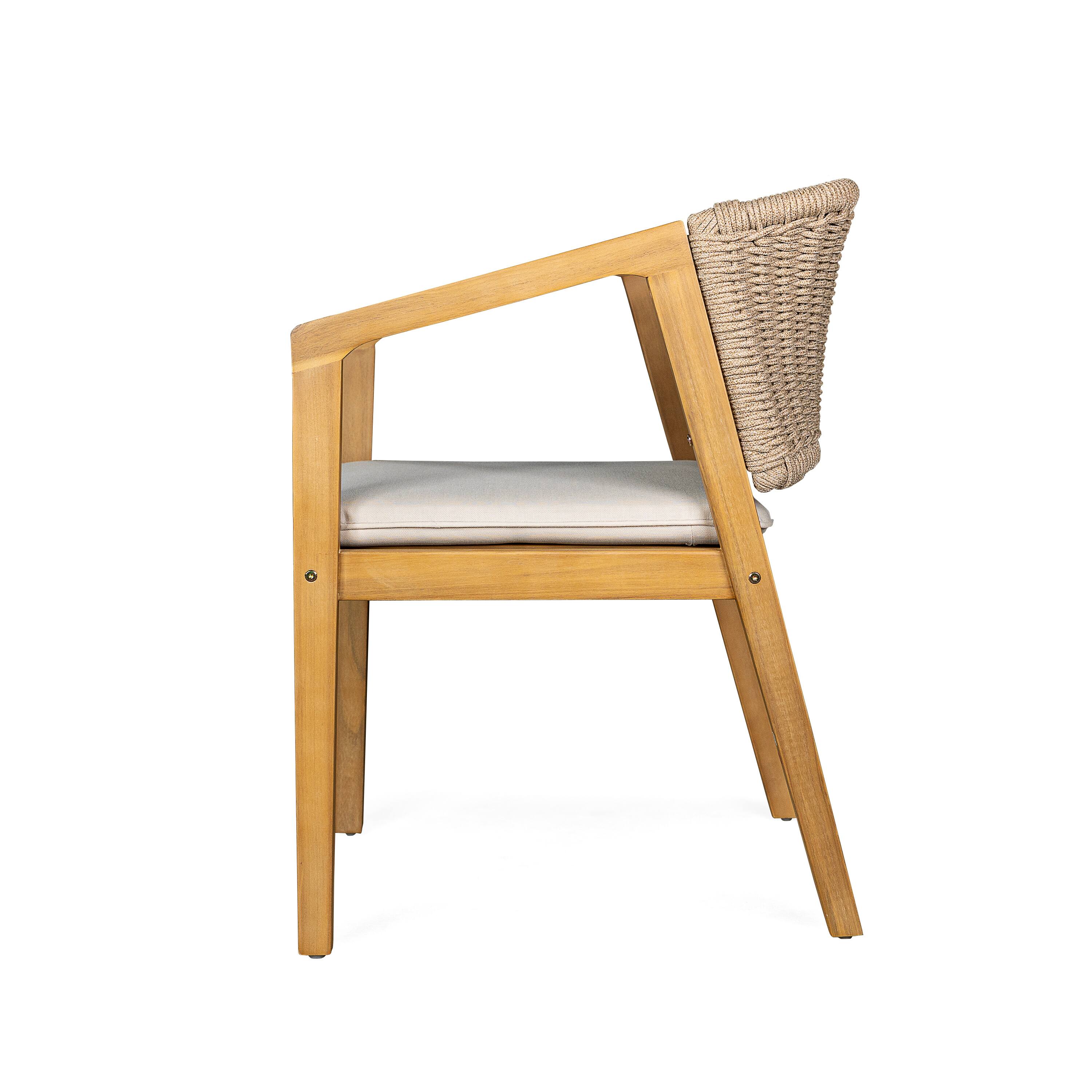 Alt View 1. Whisen - Set of 2 Outdoor Acacia Wood Dining Chairs With a Rope Backrest and Cushions - Light Teak|Beige.