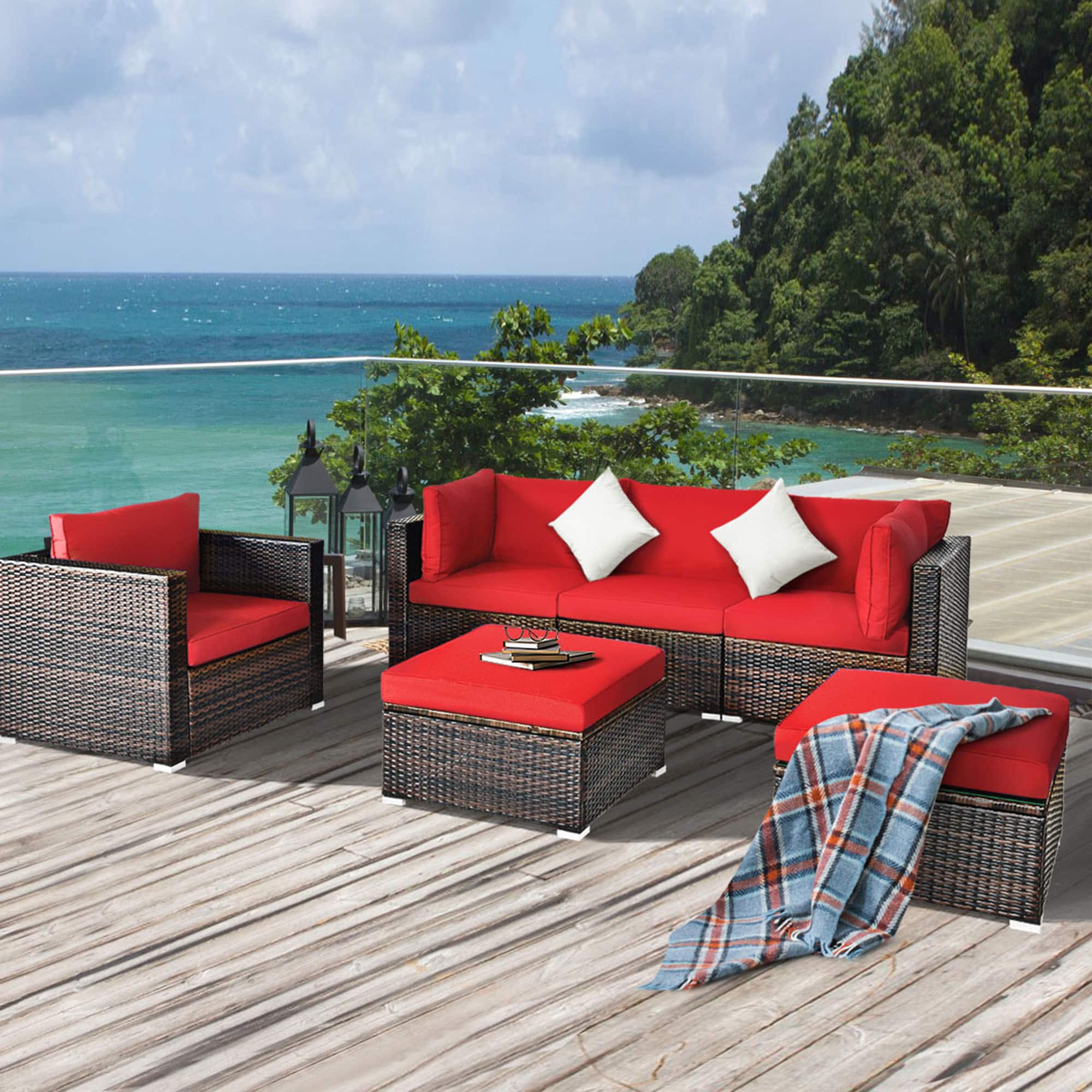 Gymax - 6PCS Patio Conversation Set Rattan Sectional Furniture Set w/ Cushions - Red price history on PriceWatchPro