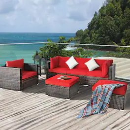 Gymax - 6PCS Patio Conversation Set Rattan Sectional Furniture Set w/ Cushions - Red