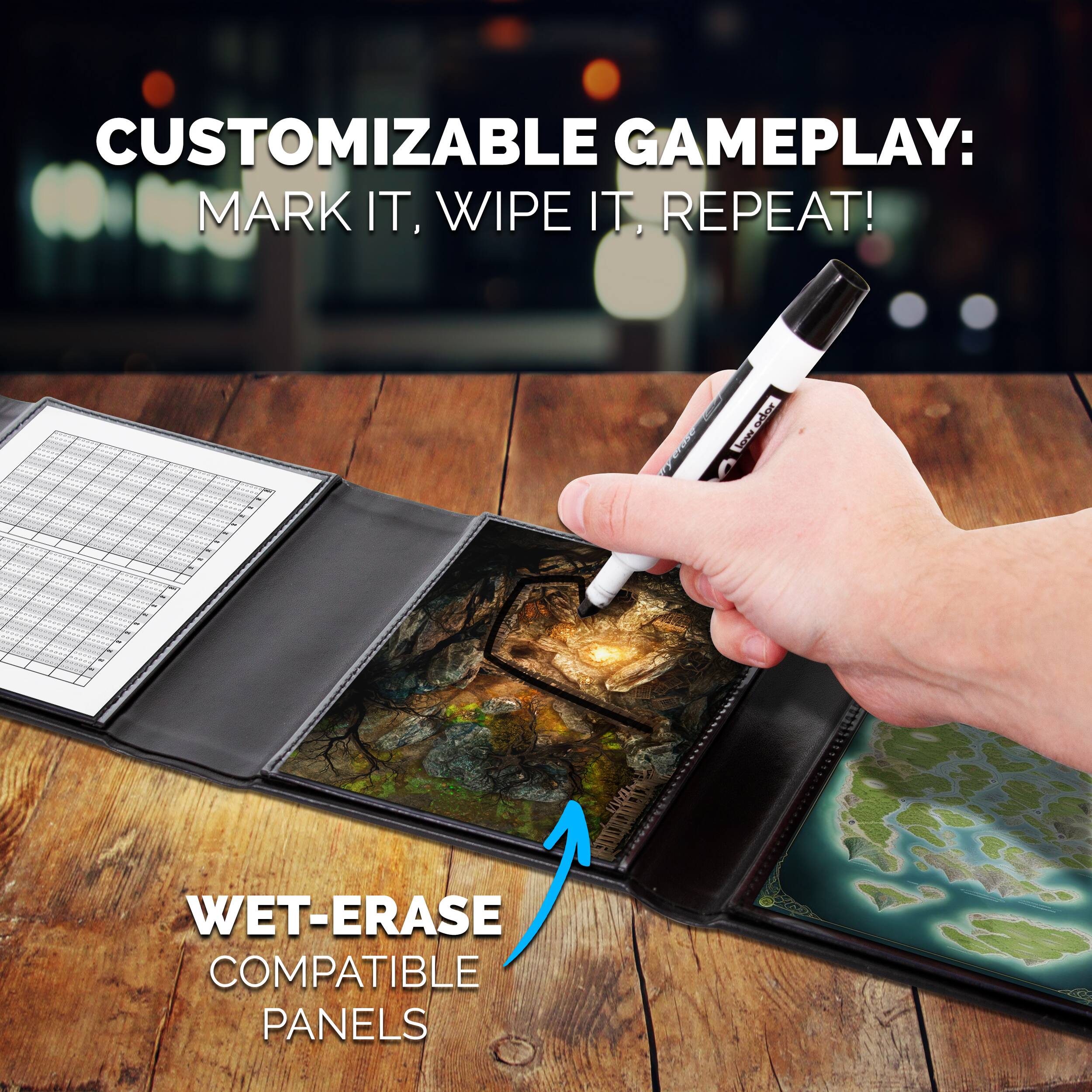 CUSTOMIZABLE GAMEPLAY: MARK IT, WIPE IT, REPEAT!

WET-ERASE COMPATIBLE PANELS