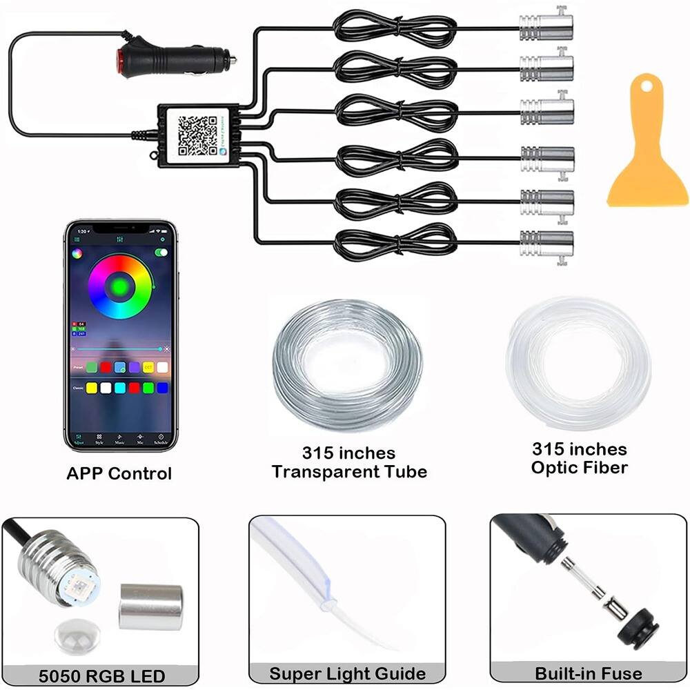 - APP Control
- 315 inches Transparent Tube
- 315 inches Optic Fiber
- 5050 RGB LED
- Super Light Guide
- Built-in Fuse
