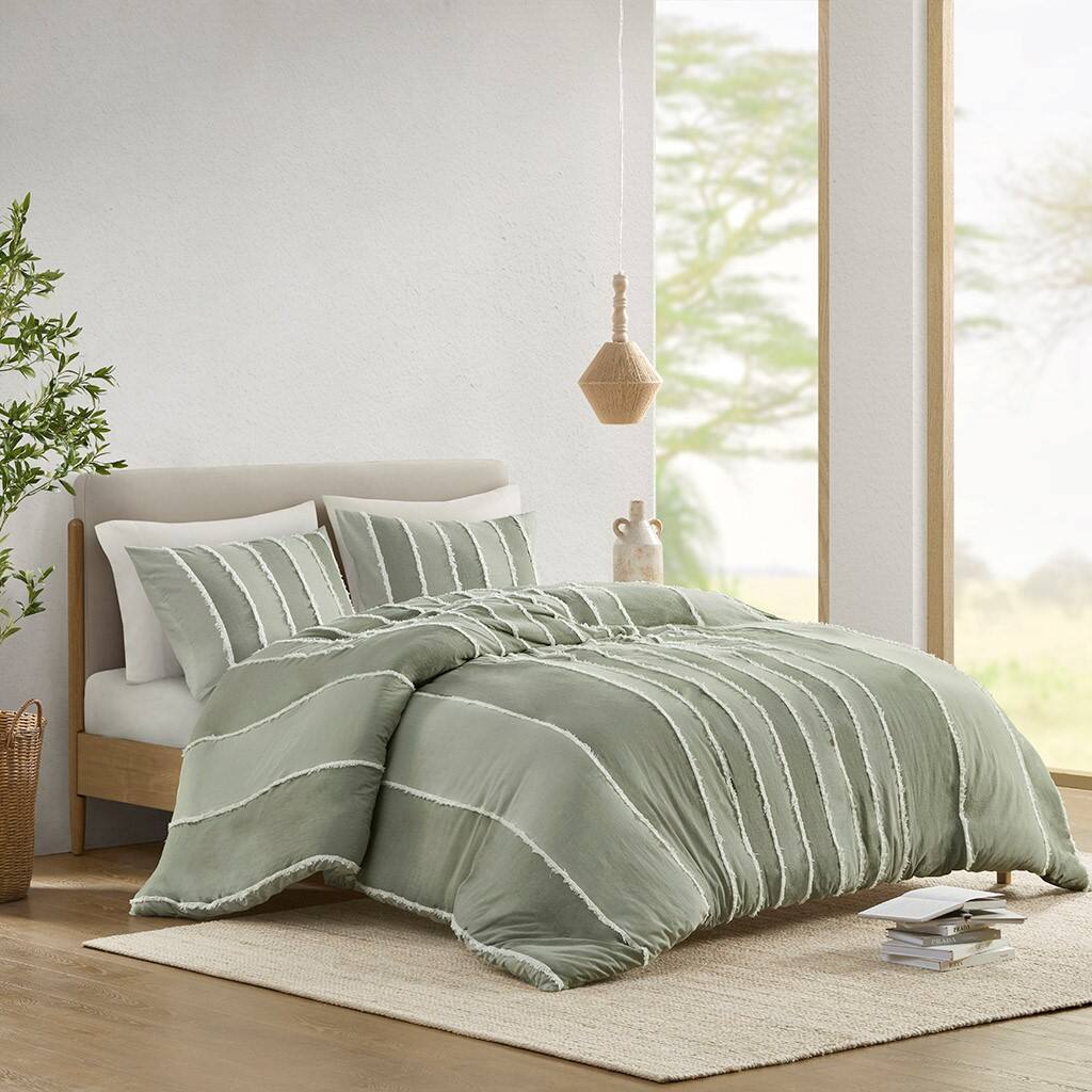 Alt View 3. Gracie Mills - Gracie Mills Ara 3 Piece Striped Cotton Duvet Cover Set - Sage.