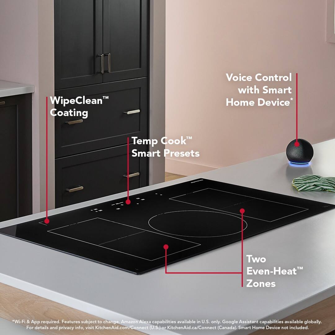 - WipeClean™ Coating
- Temp Cook™ Smart Presets
- Voice Control with Smart Home Device*
- Two Even-Heat™ Zones

*Wi-Fi & App required. Features subject to change. Amazon Alexa capabilities available in U.S. only. Google Assistant capabilities available globally. For details and privacy info, visit KitchenAid.com/Connect (U.S.) or KitchenAid.ca/Connect (Canada). Smart Home Device not included.