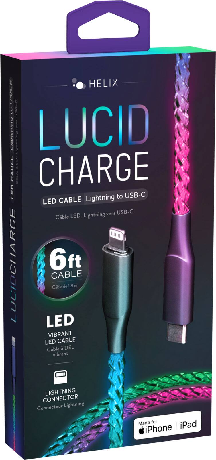HELIX USB-C to USB-C 6FT LUCID CHARGE LED Lightning Cable. This cable features a vibrant LED light and is compatible with USB-C devices. It is made for iPhone and iPad and is 6 feet long.