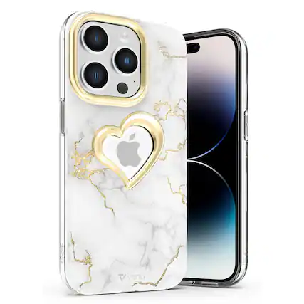 Front. Vena - vLove Glitter Heart Case for Apple iPhone 14 Pro - White Marble - Multicolored.