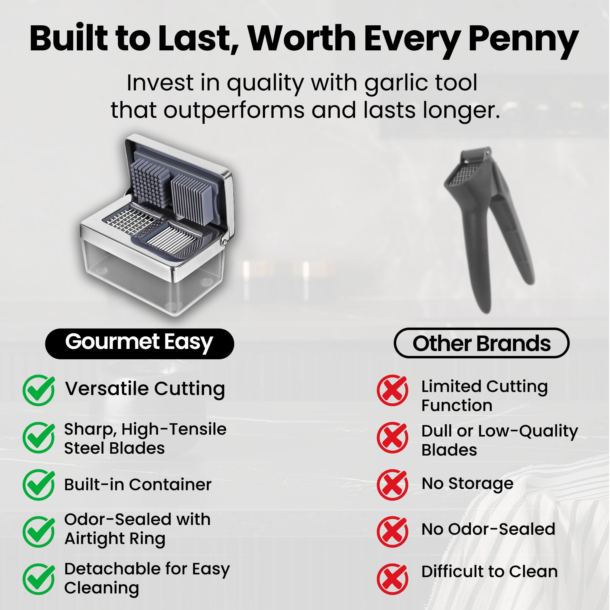 Alt View 3. Gourmet Easy - Garlic Press Stainless Steel, Garlic Chopper Mini & Slicer Super Thin 2 in 1, Odor Free Ginger Dicer + Container - Stainless Steel.
