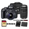 Canon EOS Rebel T100 with EF-S 18-55mm f/3.5-5.6 IS STM Lens
Canon EF 75-300mm f/4-5.8 III Lens
Canon 58mm f/1.8 STM Lens
Canon LP-E17 Battery
Canon USB Cable
Canon Lens Hood
Canon Lens Caps
64 GB SDXC Card