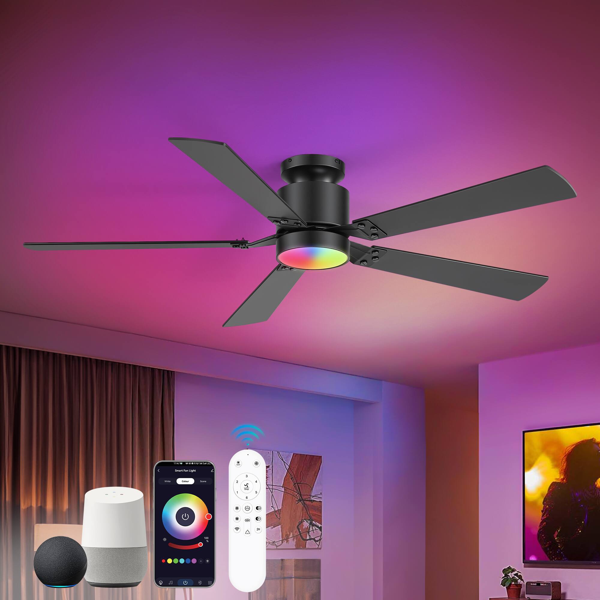 Front. Breezary - 52-Inch RGB Ceiling Fan with LED Light, Flush Mount, DC Motor, Dimmable, Remote & App Control - Black and Walnut.