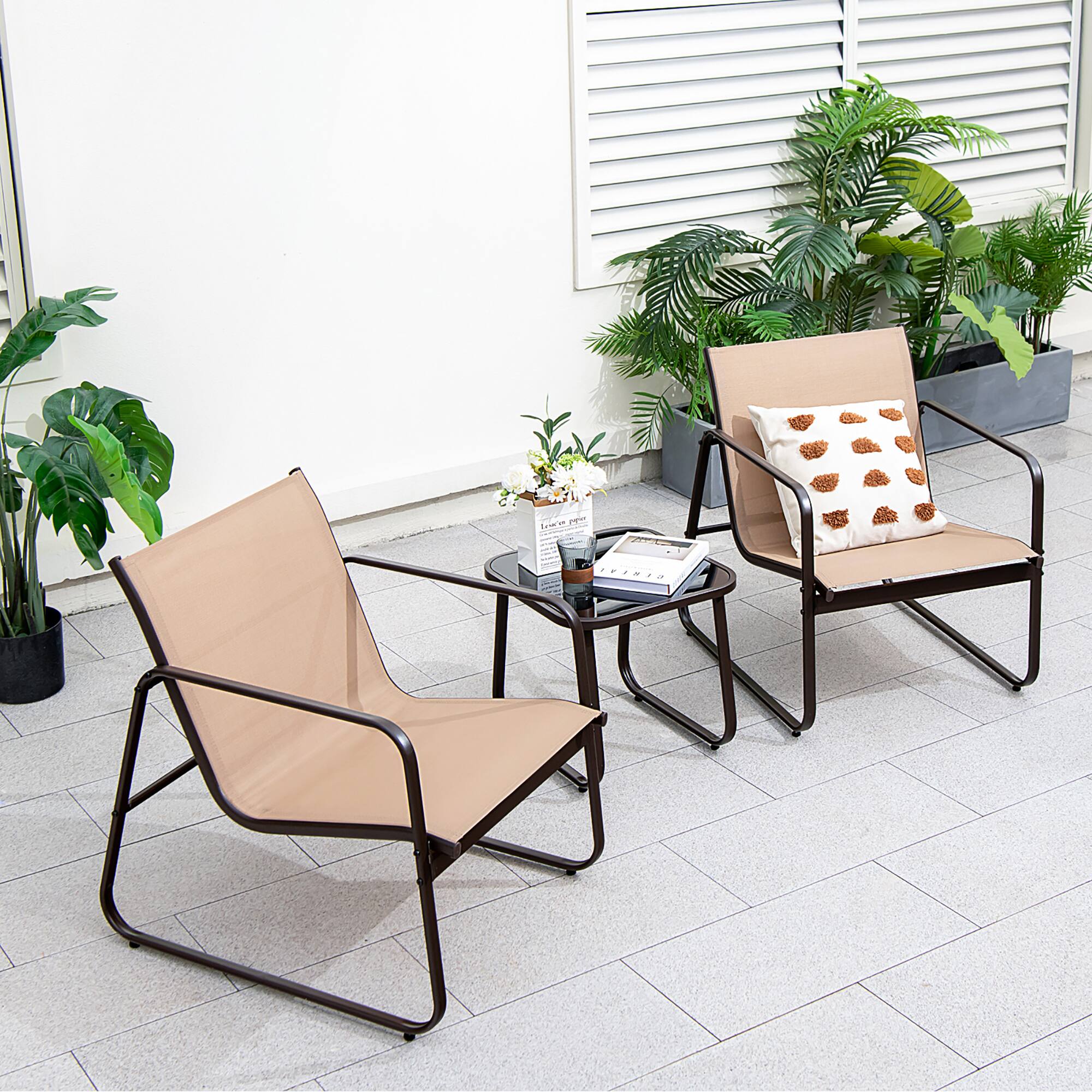 Alt View 9. Costway - Costway 3 Pieces Patio Conversation Set Outdoor Metal Chair & Table Tempered Glass Top - Brown.