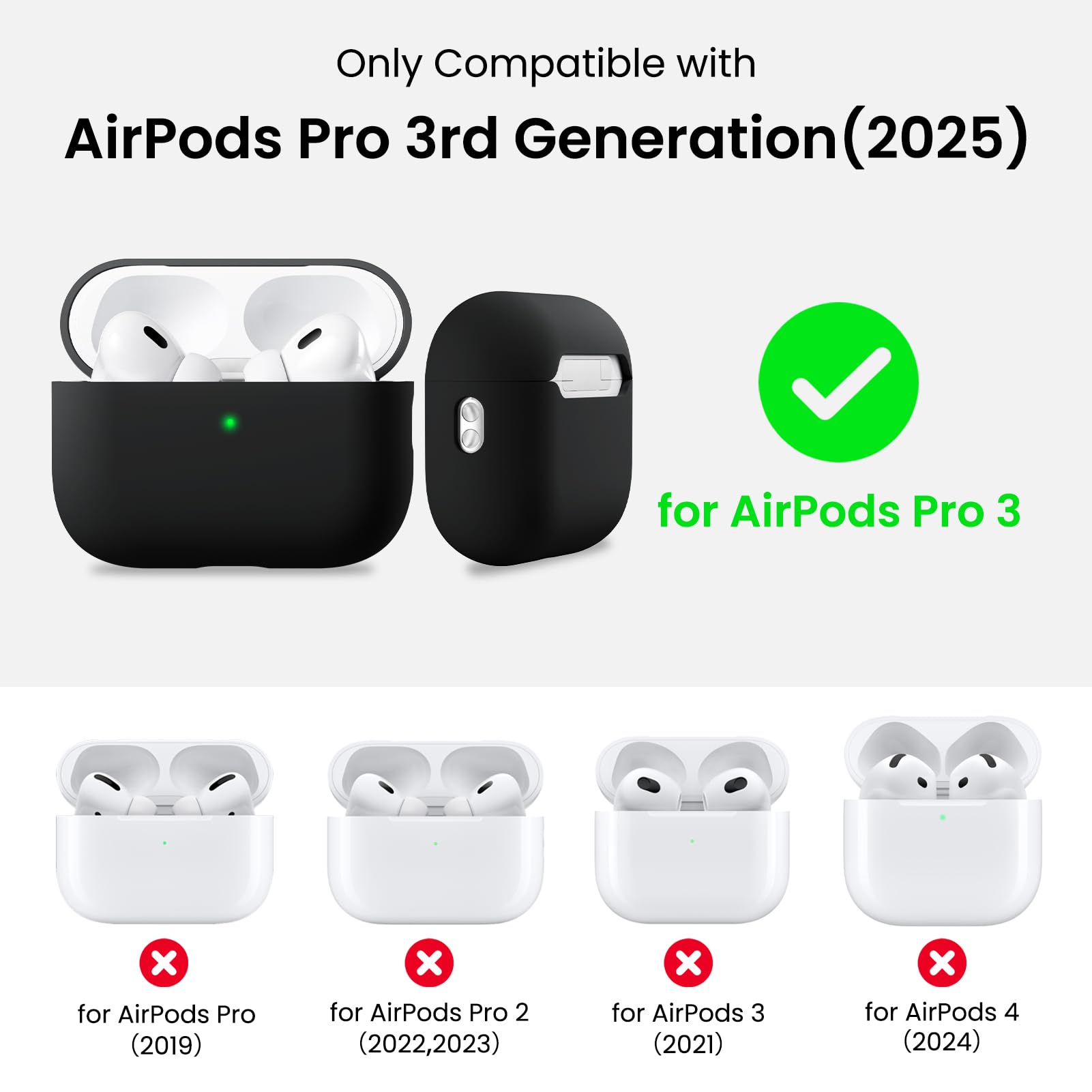 Only Compatible with  
AirPods Pro 3rd Generation (2025)  
for AirPods Pro 3  
for AirPods Pro (2019)  
for AirPods Pro 2 (2022, 2023)  
for AirPods 3 (2021)  
for AirPods 4 (2024)
